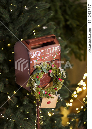Matte red Santa letters box with fir wreath and kraft envelope Matte red Santa letters box with fir wreath and kraft envelope 134243757