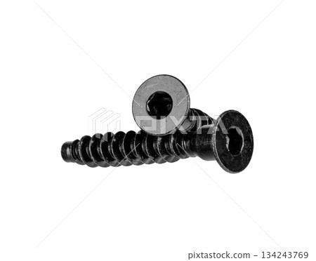 Black Countersunk Hex Socket Screw Isolated on White Background Black Countersunk Hex Socket Screw Isolated on White Background 134243769