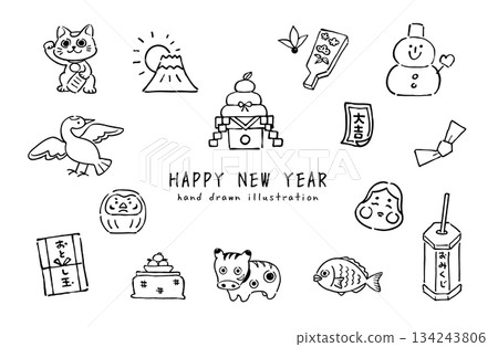 手繪新年插畫集:新年圖標,簡約線條畫 手繪新年插畫集:新年圖標,簡約線條畫 134243806