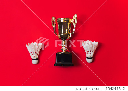 Golden Trophy Flanked By Two White Shuttlecocks Against A Vibrant Red Background 134243842