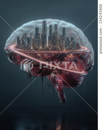 human brain with a glowing city skyscrapers inside, generative ai human brain with a glowing city skyscrapers inside, generative ai 134243908