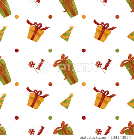 Seamless pattern festive in autumn colors. Gift boxes, confetti, candy. This is a watercolor design element for printing, packaging, prints, decor 134243994