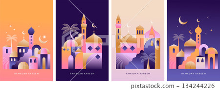 Ramadan Kareem vertical greeting card templates and wallpaper design. Modern geometric Islamic city Ramadan Kareem vertical greeting card templates and wallpaper design. Modern geometric Islamic city 134244226