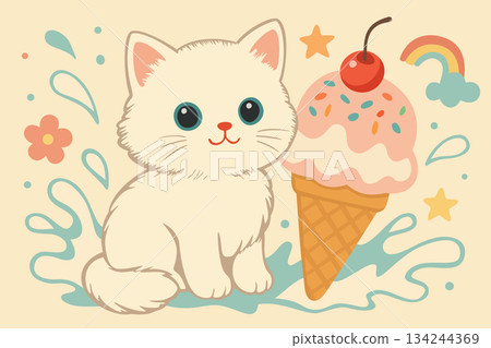 Kitten and icecream. Milky splashes and colorful icecream accompanied by white cute fluffy cat and sift childlike elements. Vintage vector poster 134244369