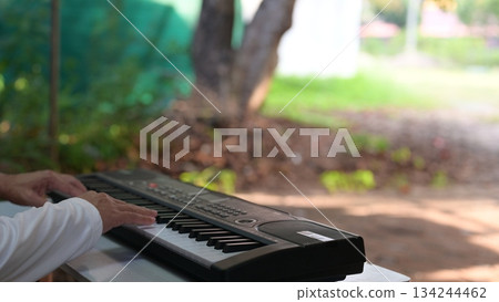 Keyboard Performance Hand Of Player In Outdoor Light, Practicing Key With Serene Background Keyboard Performance Hand Of Player In Outdoor Light, Practicing Key With Serene Background 134244462
