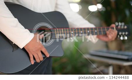 Close Up Black Guitarist Playing Acoustic Guitar In White Shirt Musical Body Neck Details 134244488