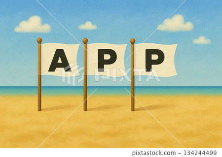 APP (app) / White Flag Word Illustration on Beach 134244499