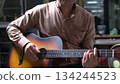 Brown Guitar Serenade Man In Shirt Playing Acoustic Music For Relaxation, Vocalists Performance 134244523