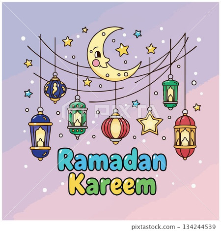 Colorful Ramadan Kareem Greeting with Lanterns and Crescent Moon Colorful Ramadan Kareem Greeting with Lanterns and Crescent Moon 134244539