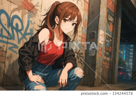 一位自信的年輕女子走在城市小巷裡。 134244578