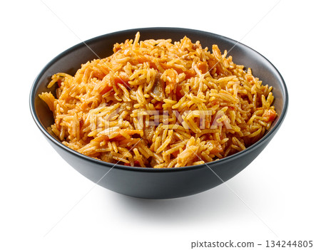 bowl of spicy rice with chicken meat and carrots 134244805