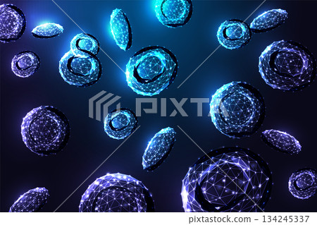 Futuristic glowing erythrocytes floating in dark space, medical biotech science vector illustration 134245337