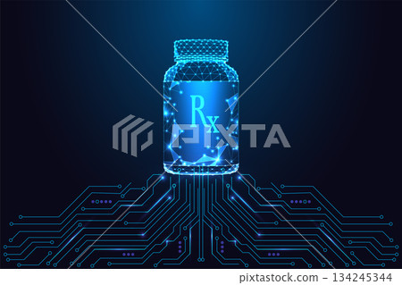 Digital glowing RX medicine bottle on circuit board, futuristic pharmacy tech vector illustration Digital glowing RX medicine bottle on circuit board, futuristic pharmacy tech vector illustration 134245344