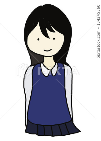Illustration of a woman with long black hair, a navy blue vest, a white shirt, and a navy blue skirt, facing forward 134245360