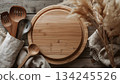 Background material of a warm dining table with wooden tableware and kitchen tools 134245526