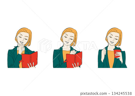 一個低頭的女人,一個在行程表上寫東西的女人,還有一個在喝酒的女人 一個低頭的女人,一個在行程表上寫東西的女人,還有一個在喝酒的女人 134245538