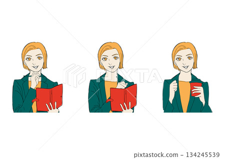 A woman working, a woman writing a schedule, a woman drinking a drink 134245539