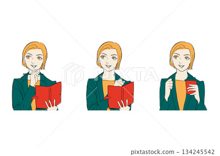 女人看向別處，女人在工作，女人在寫行程表，女人在喝飲料 02 134245542