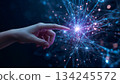 Cutting-edge technology: A fusion of AI and human hands touching the light of digital networks 134245572