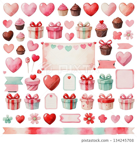 Watercolor Valentine's Day gift and heart material set 134245708