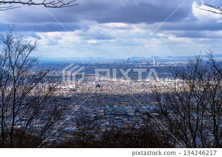 A view from Juso Pass in Yao City, Osaka Prefecture, on the border between Nara and Osaka prefectures. A bird's-eye view from Yao City to the Akashi Strait. 134246217