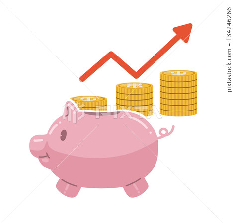 一幅可愛的存錢筒插圖，裡面裝著越來越多、印有美元符號的硬幣。 134246266