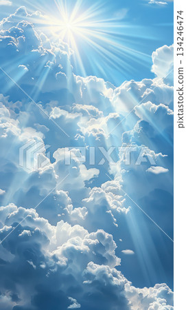 Beautiful Blue Sky: Central White Cloud with Sun Rays Shining Through, Perfect for Illustrations and Graphic Designs Beautiful Blue Sky: Central White Cloud with Sun Rays Shining Through, Perfect for Illustrations and Graphic Designs 134246474