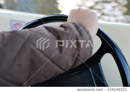 A child driving a swan boat and holding the wheel 134246521