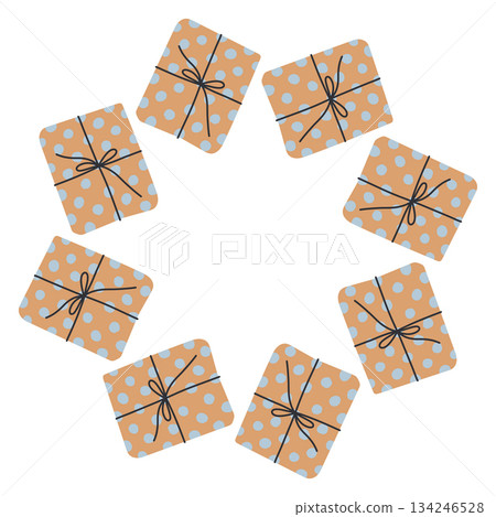 Vector illustration of a circular frame made of gift boxes wrapped with ribbons. A festive and cozy holiday border perfect for Christmas cards, packaging, labels, and seasonal design projects 134246528