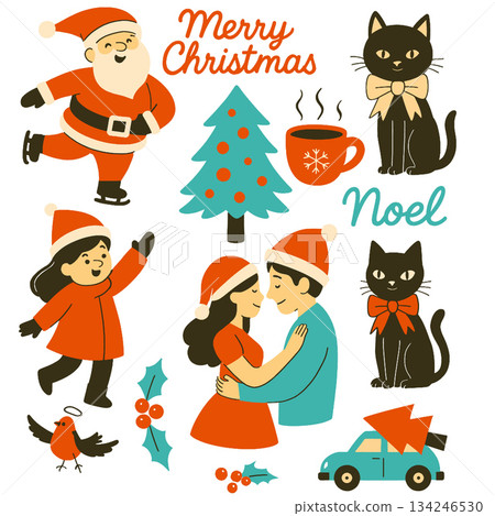 Merry Christmas couple hugging near tree, cozy festive scene with cats and decorations 134246530