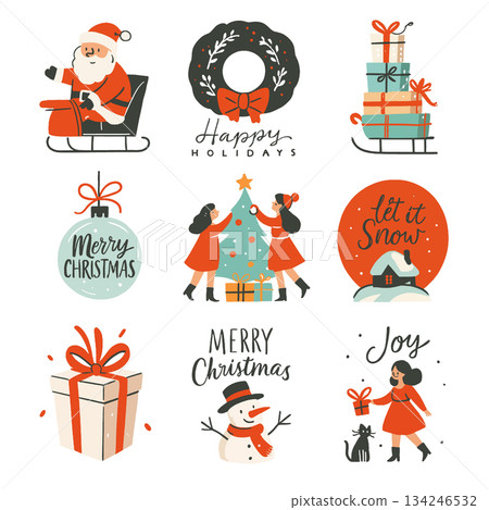 Merry Christmas wreath, tree, gifts and joyful winter scenes with Santa Merry Christmas wreath, tree, gifts and joyful winter scenes with Santa 134246532