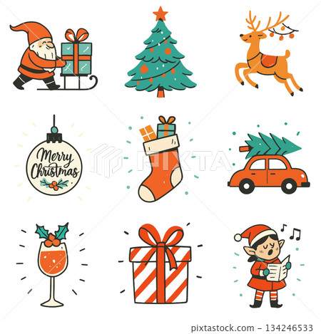 Santa pushing gifts sleigh, decorated tree, reindeer, ornament, stocking and festive icons 134246533