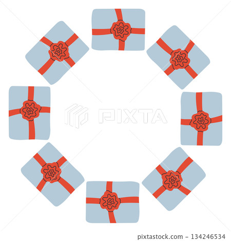 Vector illustration of a circular frame made of gift boxes wrapped with ribbons. A festive and cozy holiday border perfect for Christmas cards, packaging, labels, and seasonal design projects Vector illustration of a circular frame made of gift boxes wrapped with ribbons. A festive and cozy holiday border perfect for Christmas cards, packaging, labels, and seasonal design projects 134246534