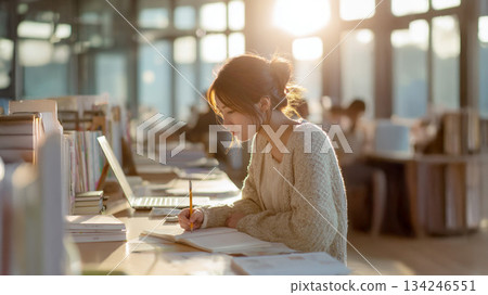 Adult woman studying in the library 134246551