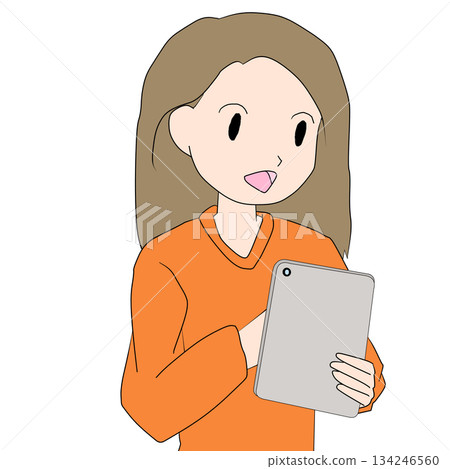A simple flat illustration of a female character operating a tablet device A simple flat illustration of a female character operating a tablet device 134246560