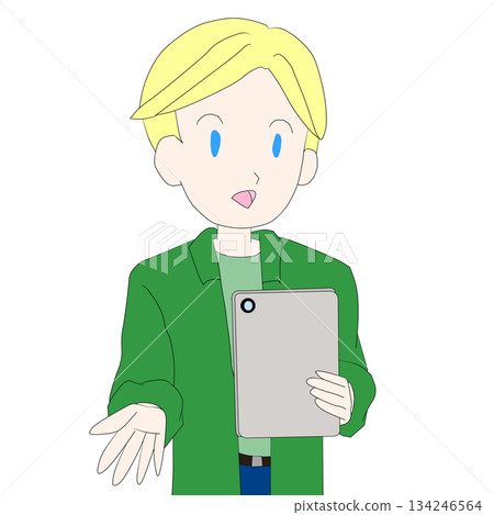 一幅年輕男性角色使用平板電腦的簡單插圖 134246564