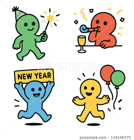 Happy colorful characters celebrating New Year with party hat, sparkler and balloons 134246575