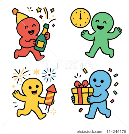 Party characters celebrating with champagne, clock, fireworks and gift in cheerful scene 134246576