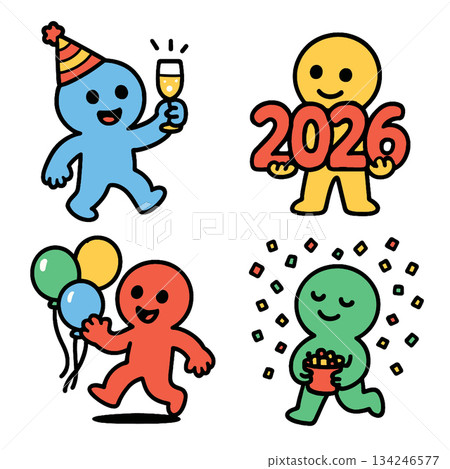 Colorful celebration characters holding balloons glass and 2026 with confetti and joy 134246577