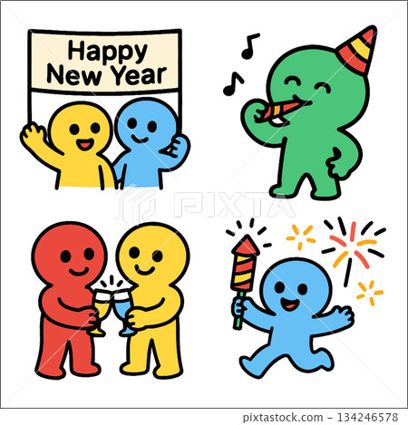 Happy New Year celebration characters smiling with party hats and fireworks Happy New Year celebration characters smiling with party hats and fireworks 134246578