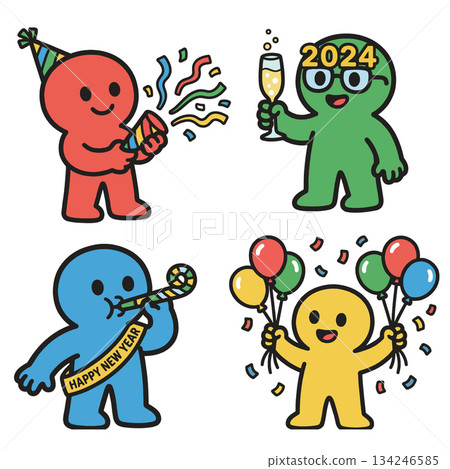Happy colorful cartoon characters celebrating New Year with balloons confetti and cheers Happy colorful cartoon characters celebrating New Year with balloons confetti and cheers 134246585