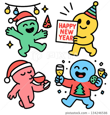 Happy festive characters celebrating with party hats and drinks Happy festive characters celebrating with party hats and drinks 134246586