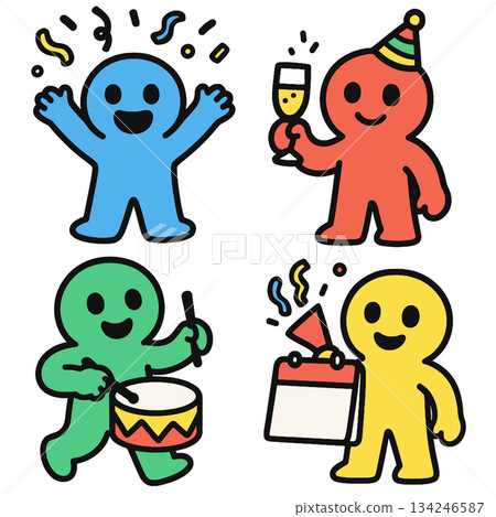 Happy colorful party characters celebrating with confetti and instruments Happy colorful party characters celebrating with confetti and instruments 134246587