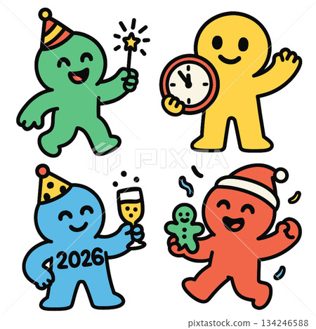 Party characters celebrating with clock and gingerbread cookie joyful festive scene Party characters celebrating with clock and gingerbread cookie joyful festive scene 134246588