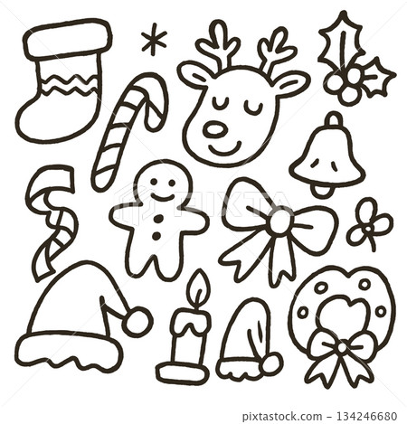 Christmas stocking candy cane reindeer holly bell gingerbread bow Santa hat candle wreath 134246680