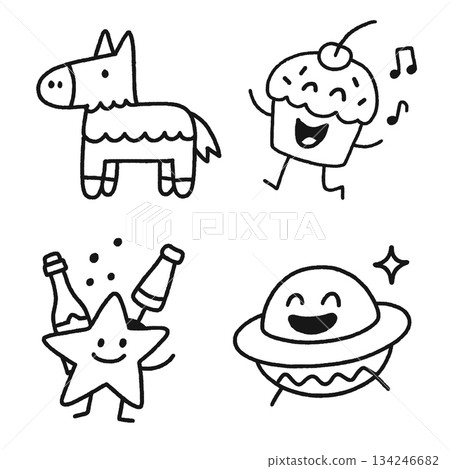 Pinata, cupcake, star, and UFO doodles with happy faces, party and celebration theme 134246682