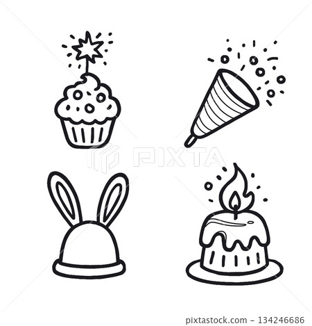 Cupcake, party popper, bunny ear hat, and birthday cake doodle icons for festive celebration 134246686