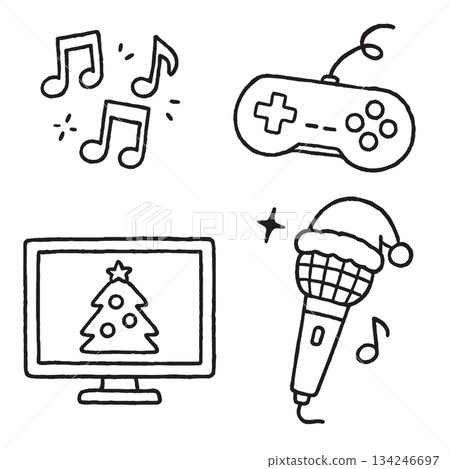 Musical note, game controller, monitor with Christmas tree, and festive microphone doodle 134246697