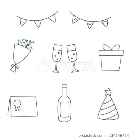 Party icon set with bunting, bouquet, champagne glasses, gift, greeting card, bottle, party hat 134246704