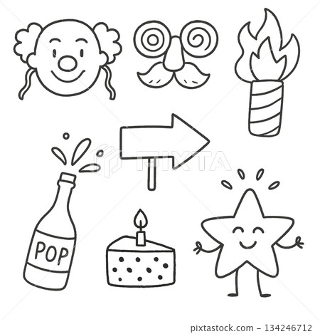 Clown face, funny glasses, firework, soda bottle, cake, arrow, happy star doodle 134246712